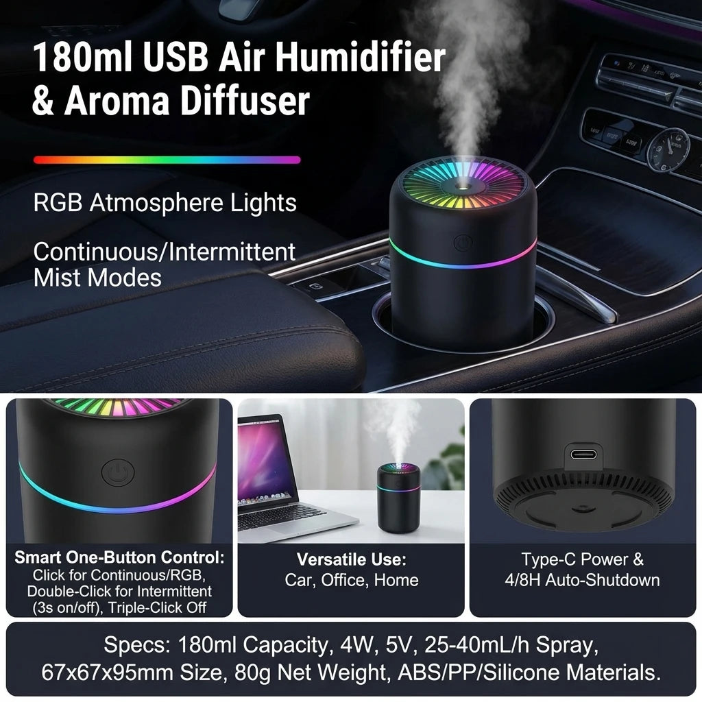 Humidificateur d'Air & Diffuseur d'Huiles Essentielles USB 180ML