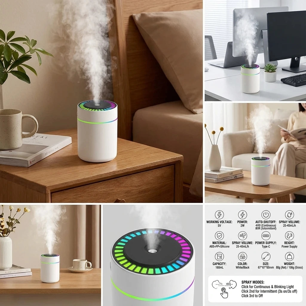 Humidificateur d'Air & Diffuseur d'Huiles Essentielles USB 180ML
